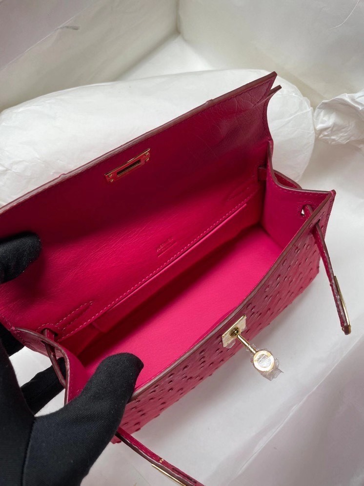 Hermes Mini Kelly Pochette 22cm Bag In Rose Red Ostrich Leather